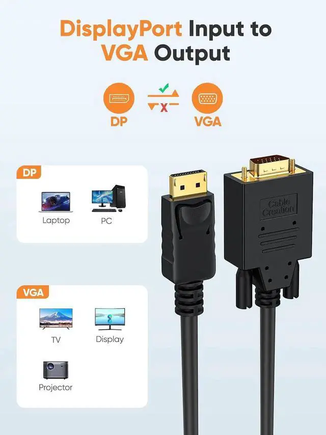 Alt view image 2 of 7 - Vszerda Displayport to VGA Cable 6FT, Displayport to VGA Adapter Gold Plated 1080P@60Hz, Standard DP Male to VGA Male Cable, Compatible with Laptop, PC, TV, Projector, Black