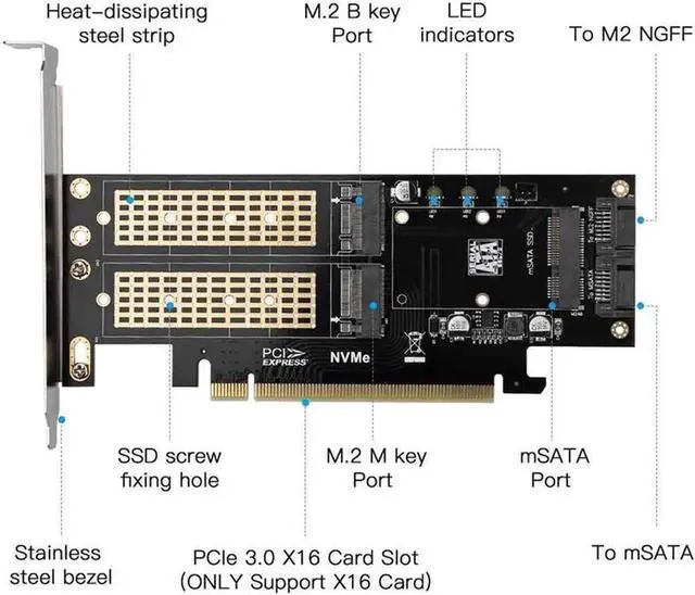 Alt view image 3 of 3 - Vszerda 3 in 1 NGFF and MSATA SSD Adapter Card M.2 NVME to PCIe 16X/M.2 SATA SSD to SATA III to SATA Converter+2 SATA Cable