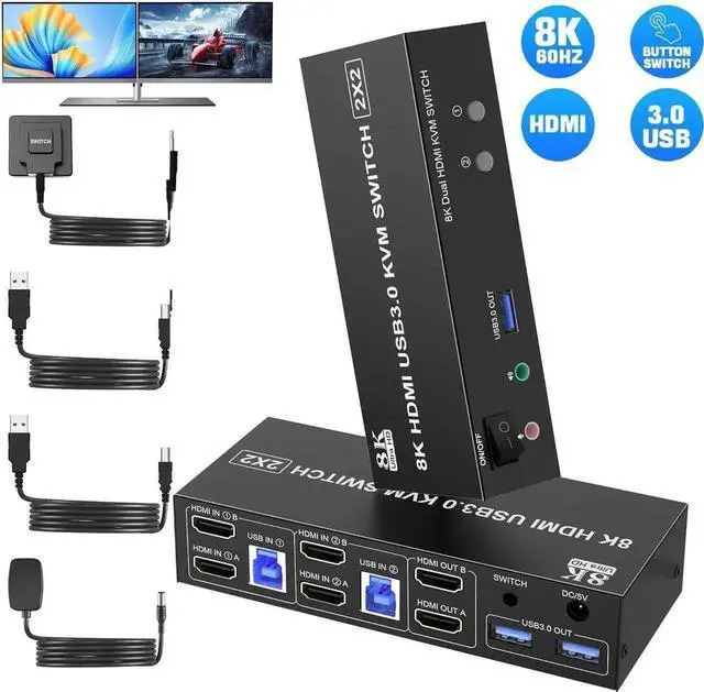 Main image of Vszerda 8K@60Hz HDMI Dual Monitor KVM Switch, 2 Port HDMI KVM Switch for 2 Monitors 2 Computers with 3 USB 3.0 Ports, Extended Display Switcher with Audio Microphone, PC Monitor Keyboard Mouse Switch