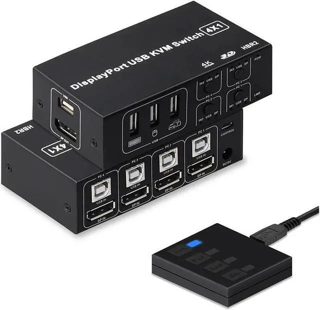 Main image of Vszerda 4 Port DisplayPort KVM Switch 3D UHD 4K@60Hz 4 in 1 Out USB and DP KVM Switcher for 4 PCs Share Keyboard Mouse Monitor and USB 2.0 Devices, with 4 USB Cables