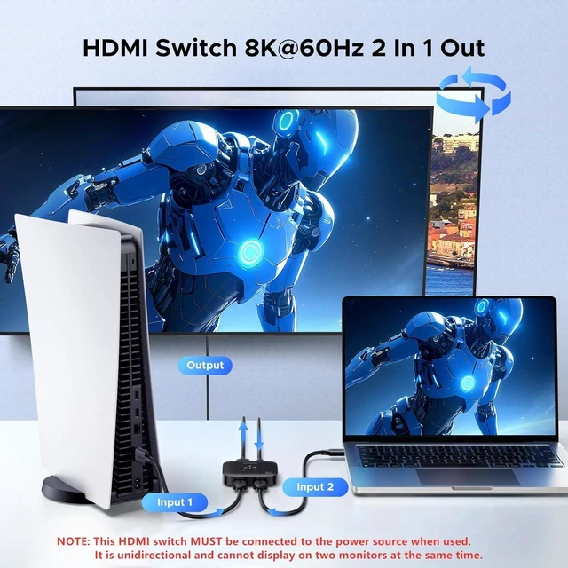 Alt view image 2 of 6 - HDMI 2.1 Switch 2 in 1 Out 8K@60Hz Ultra HD Supports 4K@240Hz 4K@120Hz VRR HDR10+ Dolby Atmos 48Gbps HDMI Switcher Compatible with Switch/Switch 2 PS5 Xbox Roku Firestick Apple TV