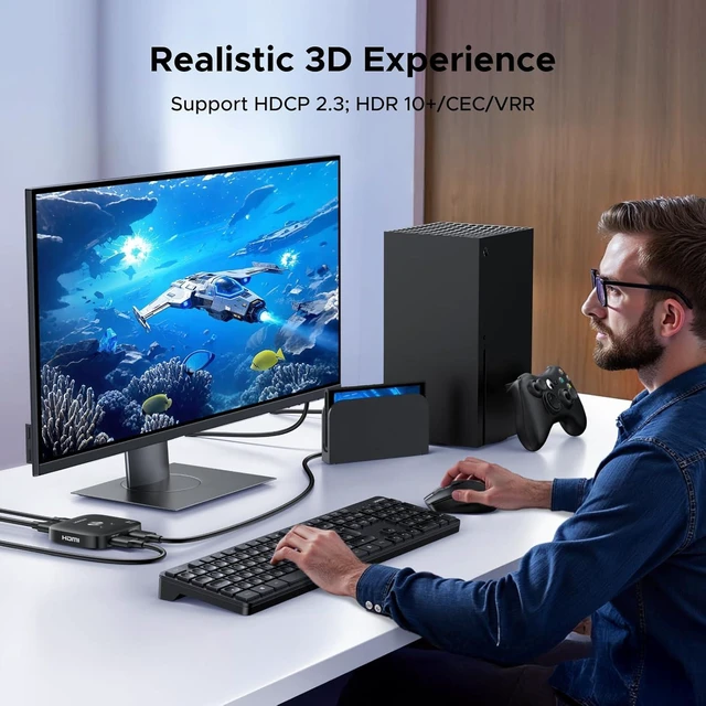 Alt view image 5 of 6 - HDMI 2.1 Switch 2 in 1 Out 8K@60Hz Ultra HD Supports 4K@240Hz 4K@120Hz VRR HDR10+ Dolby Atmos 48Gbps HDMI Switcher Compatible with Switch/Switch 2 PS5 Xbox Roku Firestick Apple TV