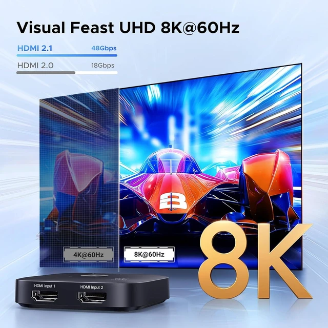 Alt view image 6 of 6 - HDMI 2.1 Switch 2 in 1 Out 8K@60Hz Ultra HD Supports 4K@240Hz 4K@120Hz VRR HDR10+ Dolby Atmos 48Gbps HDMI Switcher Compatible with Switch/Switch 2 PS5 Xbox Roku Firestick Apple TV