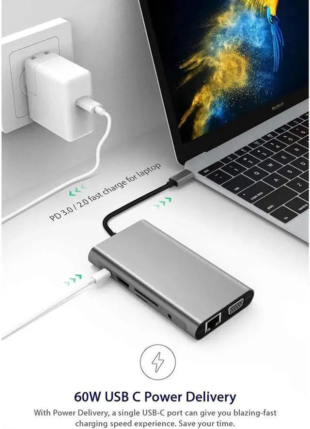 Alt view image 7 of 7 - USB C Hub, 11 in 1 USB C Adapter with Gigabit Ethernet Port, PD Type C Charging Port, 4K HDMI, VGA, SD TF Card Reader, 4 USB 3.0 Ports and Audio Mic Port Compatible for MacBook, ChromeBook More