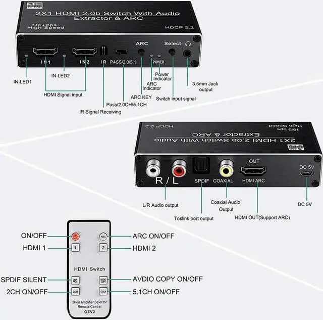 Alt view image 4 of 7 - 4K HDMI Switch 2x1 with Audio Extractor, 4K@60Hz Ultra HD HDMI Switcher with Optical TOSLINK SPDIF, 3.5mm R/L Audio, Coaxial Support ARC , 3D, 1080P @120Hz, 4Kx2k @60Hz HDTV (Remote Control),OZV2