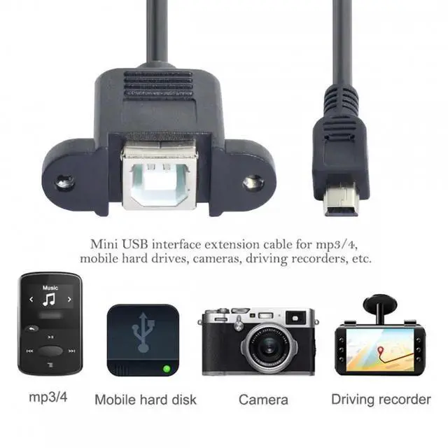 Alt view image 7 of 7 - Vszerda Cable Mini USB B Type 5-Pin Male to USB 2.0 B Type Female Data Cable with M3 Nuts Panel Mount Type