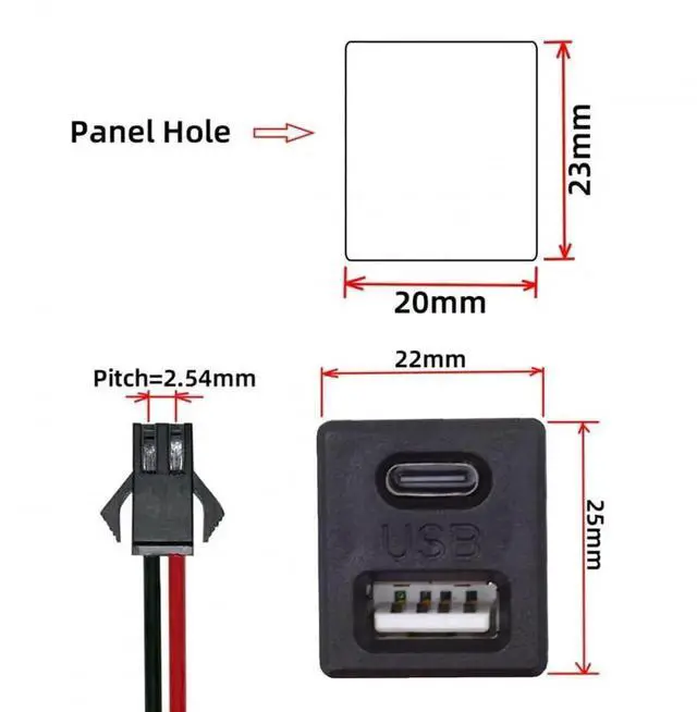 Alt view image 5 of 6 - Vszerda Connector DIY OEM Type-C & Type-A Female Socket to 2Pin Header Cable Pitch=2.54mm Latch Mount Type DC 5V Power