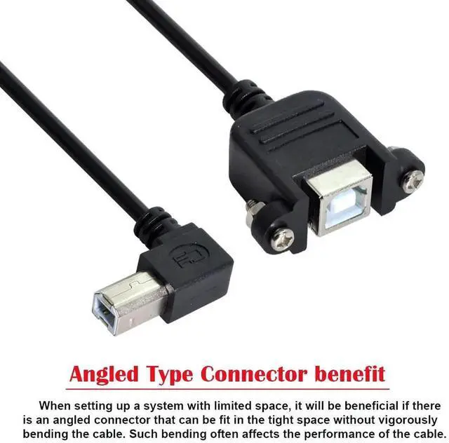 Alt view image 6 of 7 - Vszerda USB Type-B Male to Female Extension Cable 50cm Left Angled 90 Degree with Screws Panel Mount for Printer Scanner Disk