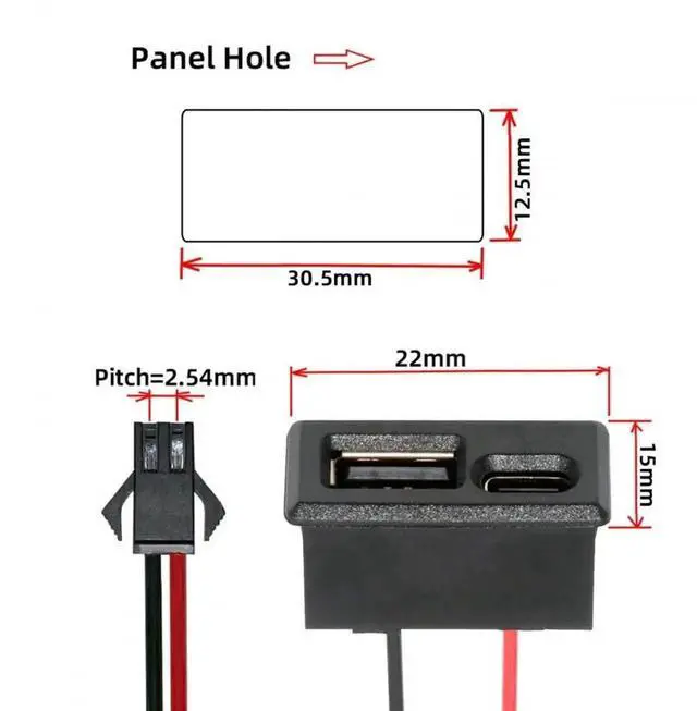 Alt view image 4 of 7 - Vszerda DIY OEM Type-A & Type-C Female Socket Horizontal to 2Pin Header Cable Pitch=2.54mm Latch Mount Type DC 5V Power
