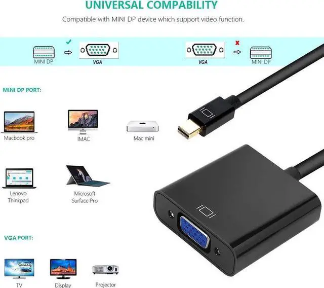 Alt view image 2 of 7 - Vszerda Mini DisplayPort to VGA, Mini DP Display Port to VGA (Thunderbolt Compatible) Gold Plated Male to Female Adapter 1080P Converter Compatible for ThinkPad SurfacePro PC, Black