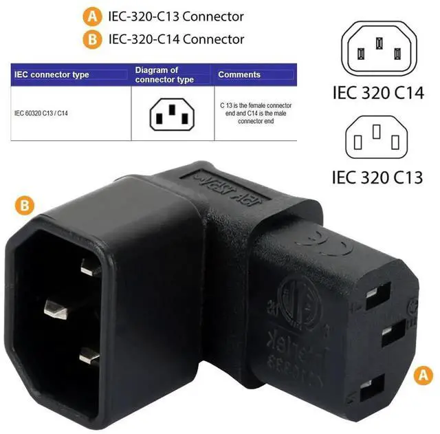 Alt view image 4 of 7 - IEC 320 C14 Male to C13 Female 90 Degree Down Angled Power Extension Connector Adapter 10A 250V for Monitor/Computer/PDU Chassis/Printer