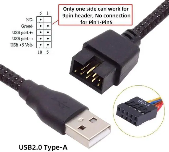 Alt view image 7 of 7 - Vszerda Motherboard 9/10Pin Male to USB 2.0 Male External Extension Nylon Braided Cable 20cm