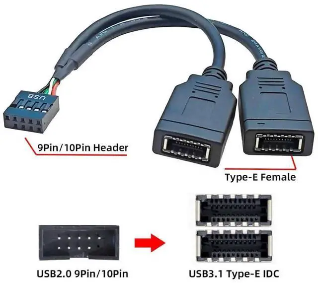 Alt view image 6 of 7 - Vszerda USB 2.0 9Pin Male 1 to 2 USB 3.1 Type E Key-A Female Front Panel Socket to 9Pin Mainboard Header Extension Cable 0.49FT