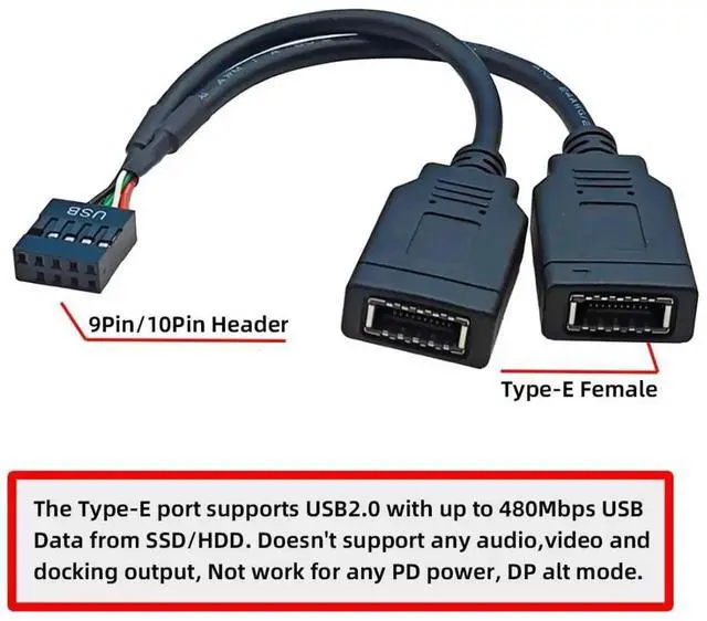 Alt view image 7 of 7 - Vszerda USB 2.0 9Pin Male 1 to 2 USB 3.1 Type E Key-A Female Front Panel Socket to 9Pin Mainboard Header Extension Cable 0.49FT