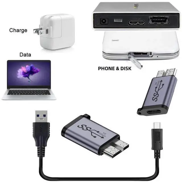 Alt view image 4 of 7 - Vszerda Adapter USB-C USB 3.1 Type C Female to Micro USB 3.0 Male Data Adapter 10Gbps Data Power with Chain for Laptop SSD Disk