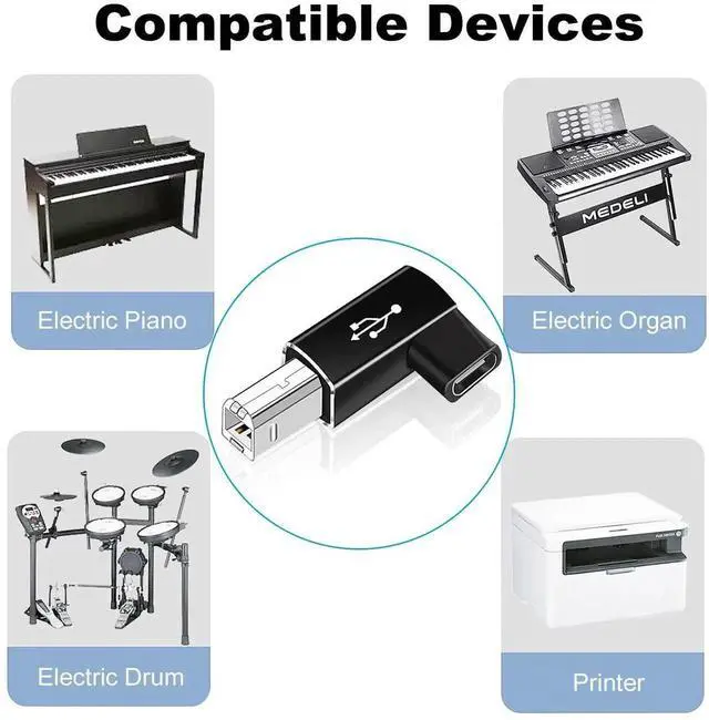 Alt view image 4 of 4 - Vszerda 2 Pack USB B to USB C Adapter, 90 Degree Right Angle Type C Female to MIDI Converter Compatible with Printer, Electric Piano, Laptops and More Type-C Devices