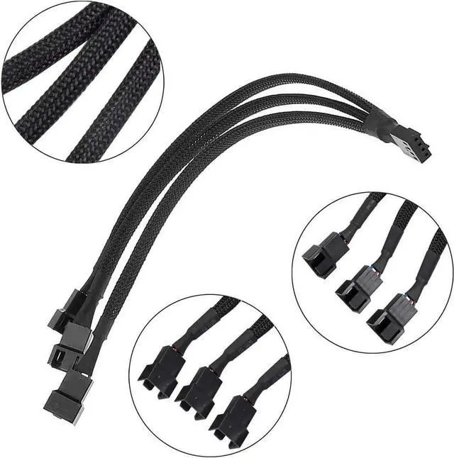 Alt view image 3 of 4 - Vszerda 3 Pack PWM Fan Splitter, Black Sleeved Braided Y Computer Fan Splitter,4 pin Fan Adapter Cable, CPU Fan Splitter 1 to 3 Converter,Fan Extension Power Cable.(1 to 3)