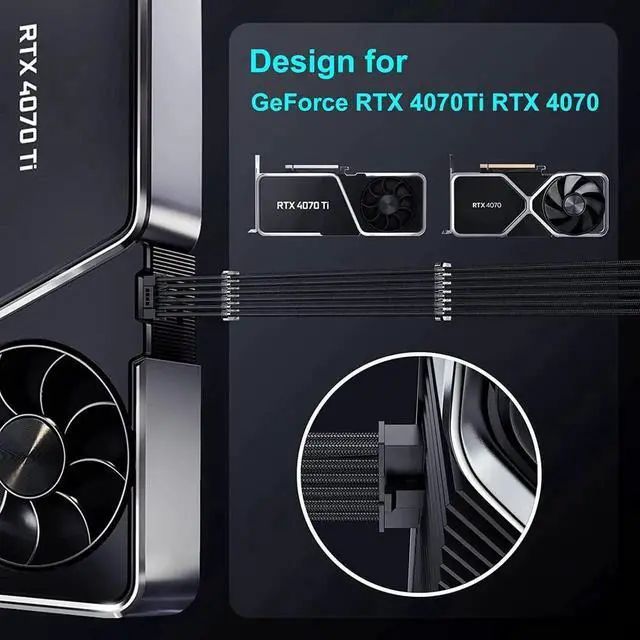 Alt view image 2 of 7 - Vszerda PCIE 5.0 RTX 4070Ti 16Pin GPU Power Extension Cable, PCI-e 5.0 12VHPWR GPU Cable Adapter 16Pin(12+4) Male to 2X8Pin Female Extension Cord Designed for Geforce RTX 4070 4070 Super-13Inch Black