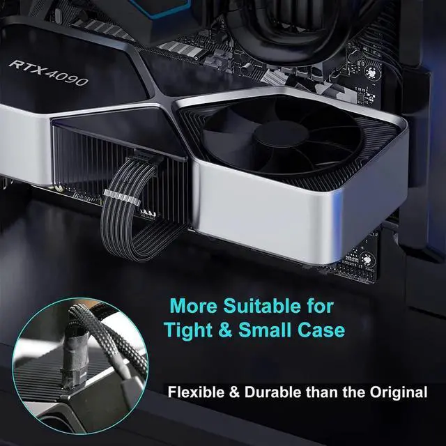 Alt view image 6 of 7 - Vszerda PCIE 5.0 RTX 4070Ti 16Pin GPU Power Extension Cable, PCI-e 5.0 12VHPWR GPU Cable Adapter 16Pin(12+4) Male to 2X8Pin Female Extension Cord Designed for Geforce RTX 4070 4070 Super-13Inch Black