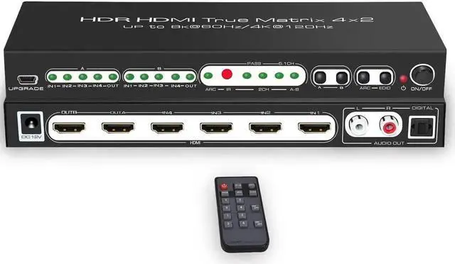 Main image of Vszerda 8K 4x2 HDMI Matrix Switch,4 in 2 Out Matrix HDMI2.1 Video Switcher Splitter +Optical & RAC Audio Output, Support 8K @60Hz 4K@120Hz HDR10 ARC with IR Remote Control for PS5 Xbox