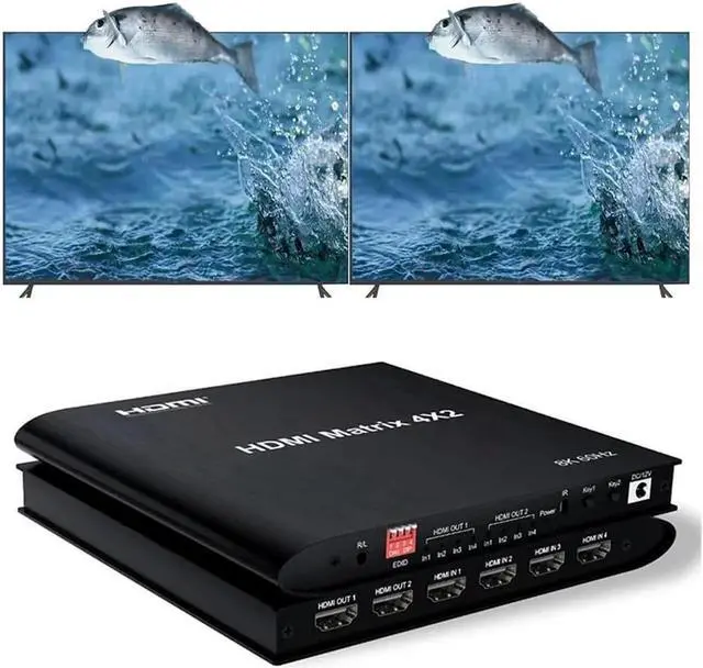 Main image of Vszerda 4x2 8K @60HZ HDMI Matrix Switcher, HDMI Matrix 4 in 2 Out 4K 120Hz HDR HDMI Splitter HDMI Scaler 8K 60Hz Sync, HDCP2.3 HDMI2.1 48 Gbps Matrix 4x2 with IR Remote and Power Adapter (US Standard)