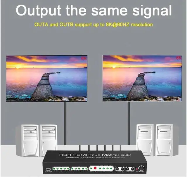 Alt view image 6 of 7 - Vszerda 2.1 8K HDMI Matrix 4x2, 8K @30Hz 8K@60HZ 4K@60Hz 120Hz HDMI Switch HDR ARC/CEC Switch Splitter 4 in 2 Out Optical SPDIF 5.1CH + RCA Stereo Audio Extractor HDMI Switcher