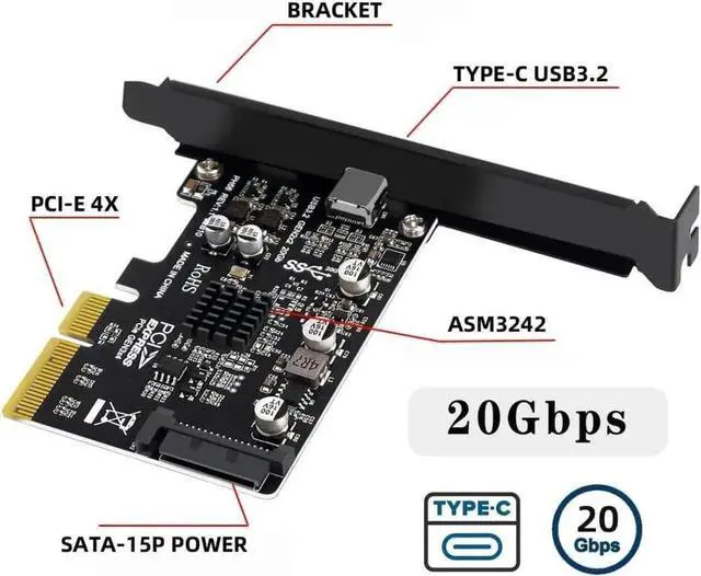 Alt view image 2 of 7 - Vszerda USB C 20Gbps PCIe 3.0 Card,PCI Express x4 to USB 3.2 Gen2X2 Type-C Expansion Card with Full-Profile & Low-Profile Bracket,USB 3.2 20Gb/s to PCIe Add On Card Adapter - SATA Powered