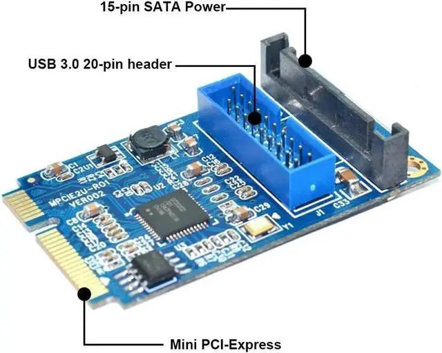 Alt view image 5 of 5 - Vszerda Motherboard Mini PCI Express to Dual USB 3.0 20-pin Add On Card Adapter,Mini PCIe PCI-e to 2 ports USB 3.0 w/ SATA power