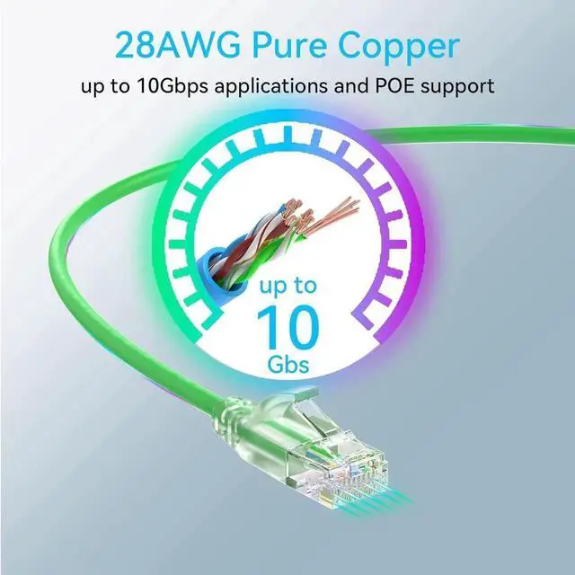 Alt view image 2 of 6 - Vszerda Cat6a Patch Cables Slim 2ft (24 Pack), Flexible Cat6 Ethernet Patch Cable 10G 550MHZ, 28AWG Pure Copper Cat6 Patch Cable for Network Cabinet, Cat 6 Patch Cable Green