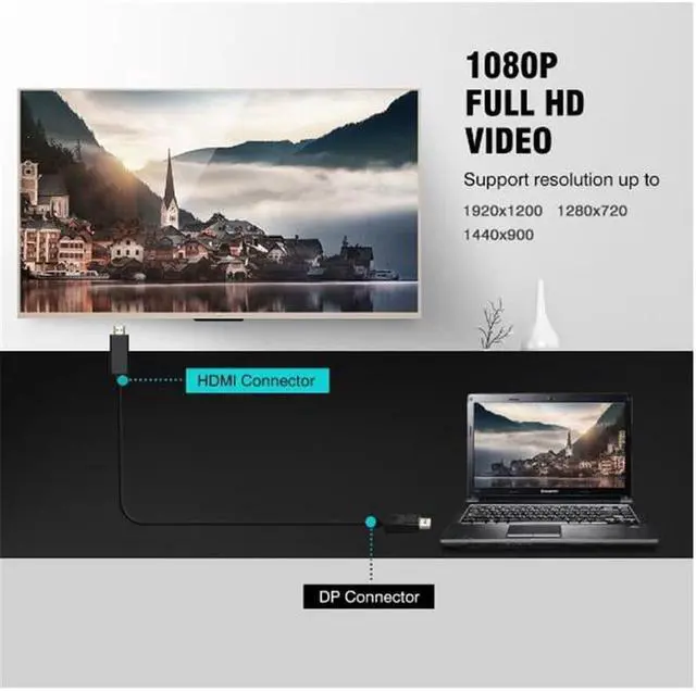 Alt view image 4 of 7 - Vszerda DisplayPort to HDMI HDTV Cable 6 feet, Display Port (DP) to HDMI Cable Male to Male Adapter 1080P Support Video and Audio - Gold-Plated