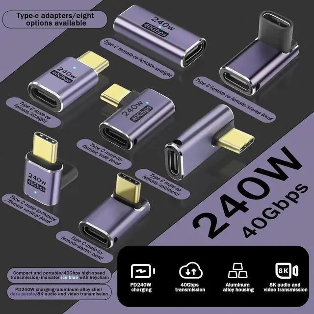 Alt view image 3 of 7 - Vszerda 2 Pack USB4 C Adapter, 240W USB C Male to Female Extender Connector, USB 4 Type C 40Gbps Support 8K &60Hz Video Connector