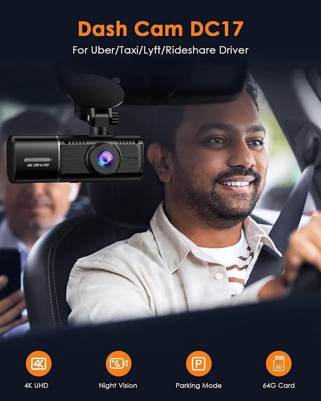 Alt view image 2 of 6 - 4K Dual Dash Cam Front and Inside, 2160P+1080P IR Night Vision Cabin Car Camera with 64GB Memory Card, Wide Angle Mini Dash Camera Car Video with Parking Mode for Taxi