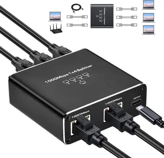 Main image of Gigabit Ethernet Splitter 1 in 4 Out, 1000Mbps 1x4 Splitter - LAN/Internet Cable Splitter - Cat5/5e/6/7/8 Splitter 1 to 4, RJ45 Network Extension Connector | Plug&Play | Cost-Effective