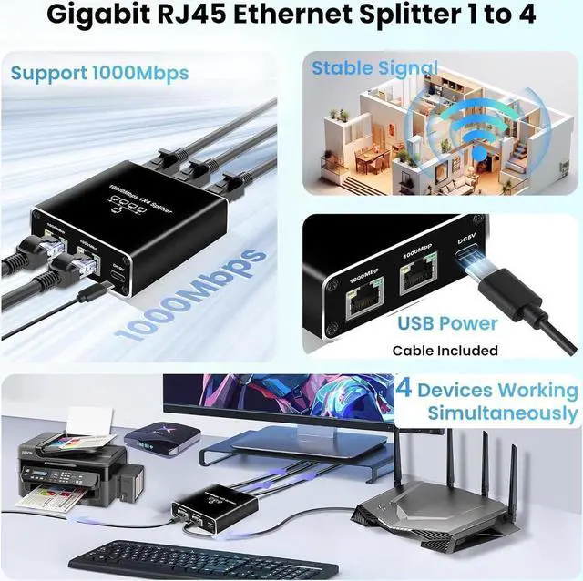 Alt view image 2 of 7 - Gigabit Ethernet Splitter 1 in 4 Out, 1000Mbps 1x4 Splitter - LAN/Internet Cable Splitter - Cat5/5e/6/7/8 Splitter 1 to 4, RJ45 Network Extension Connector | Plug&Play | Cost-Effective