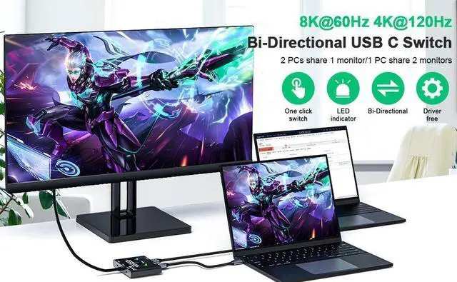 Alt view image 2 of 7 - USB C Switch Bi-Direction 2 in 1 or 1 in 2 KVM Switcher, 8K@60Hz Video / 10Gbps Data Transfer Compatible with Thunderbolt Type C Device