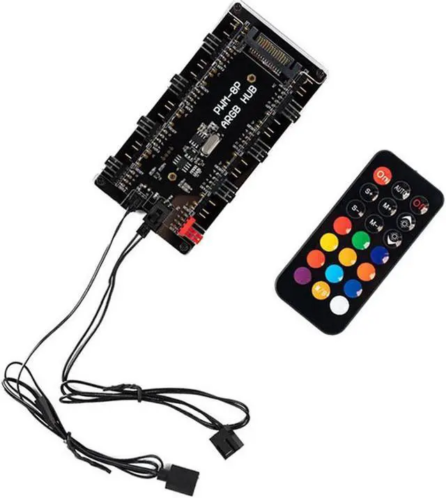 Alt view image 2 of 7 - 2-in-1 PWM & ARGB Controller Hub 8 Ports 12V 4Pin Fan & 5V 3Pin AURA Wireless IR Remote Adapter with PMMA Case and Magnetic Standoff for Cooling Radiator & A.SUS/M.SI LED Strip