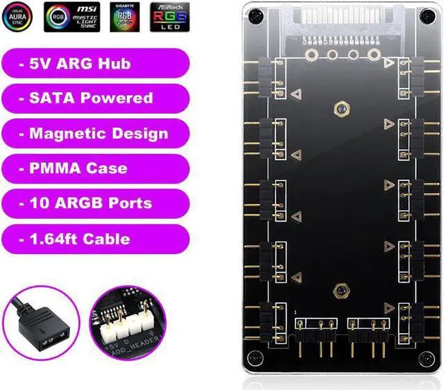 Alt view image 4 of 7 - ARGB Hub 5V 3Pin SYNC 11 Ports Splitter w/ Magnetic Standoff & PMMA Case,SATA to 3pin Addressable RGB Adpater for LED Strip Lighting,Fans & Cooler- 1.64FT Extension Cable