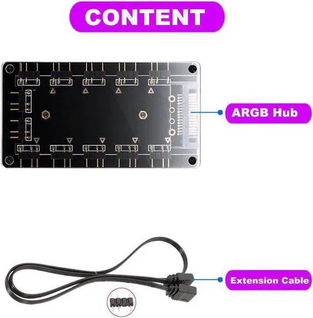 Alt view image 7 of 7 - ARGB Hub 5V 3Pin SYNC 11 Ports Splitter w/ Magnetic Standoff & PMMA Case,SATA to 3pin Addressable RGB Adpater for LED Strip Lighting,Fans & Cooler- 1.64FT Extension Cable