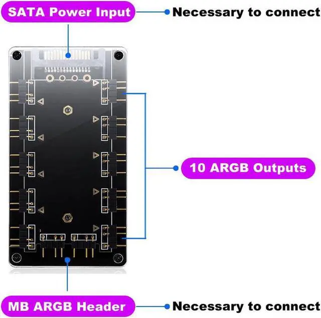 Alt view image 5 of 7 - ARGB Hub 5V 3Pin SYNC 11 Ports Splitter w/ Magnetic Standoff & PMMA Case,SATA to 3pin Addressable RGB Adpater for LED Strip Lighting,Fans & Cooler- 1.64FT Extension Cable
