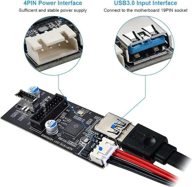 Alt view image 7 of 7 - Motherboard Internal USB 3.0 20Pin/19P Header to USB 3.2 Type-E A-Key and USB3 20 Pin Hub Splitter, Convert MB USB 19Pin Male to 2 Ports Expansion Card - 1.3FT USB 19-pin Internal Cable
