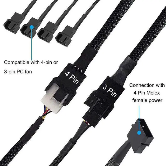 Alt view image 6 of 6 - Molex to 3 Pin 4 Pin Fan Sleeved Power Splitter Cable Adapter,Molex LP4 to 4 x TX3 / TX4 (PWM) 12V PC Case Fan Cooler Y Splitter Power Extension Cord - 10 Inch,Black