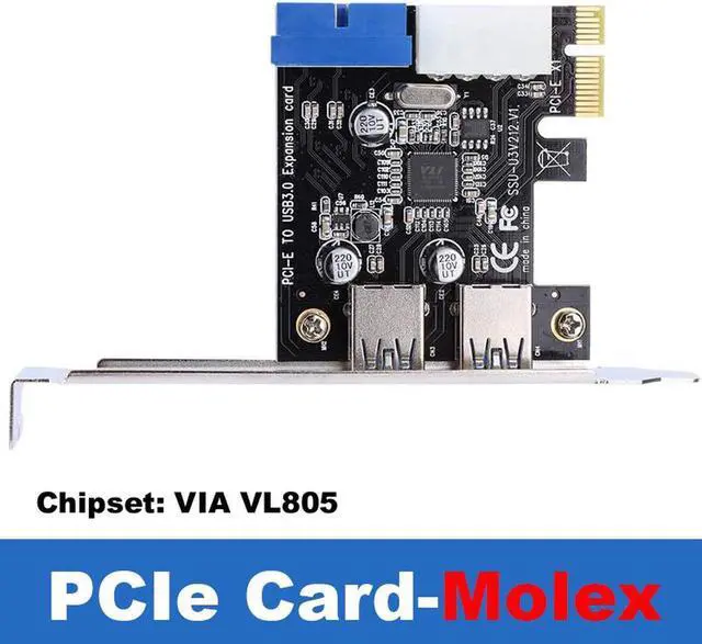 Alt view image 6 of 6 - 4 Port PCIE PCI-e to USB 3.0 (2 x Type A+ 20 Pin Internal) Expansion Card Hub Controller PCI Express Card Adapter w/ Molex Power