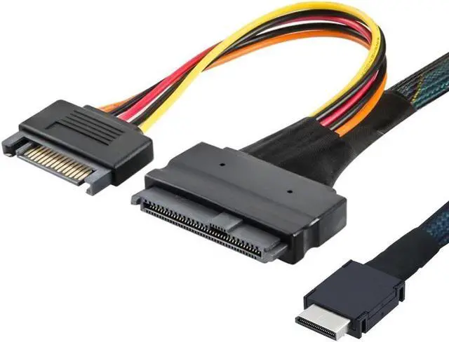 Alt view image 2 of 5 - PCIE Gen 4 Oculink SFF-8611 4I to to U.2 U.3 SFF-8639 NVME PCI-Express SSD Cable with SATA Power -12Gb/s SFF8611 Host to SFF8639 Device ,Sleeved Black ,1.64FT