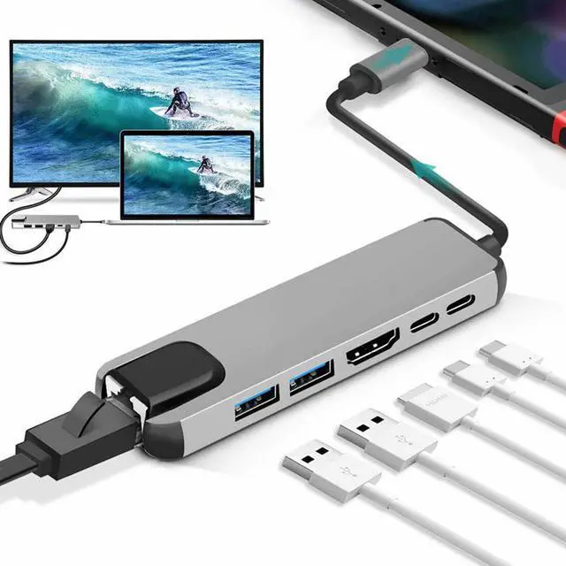 Alt view image 3 of 5 - USB C to HDMI-compatible Multiport Adapter,USB C to HDMI-compatible 4K@30Hz / 100Mpbs RJ45 Ethernet / 2 x USB-A Ports / USB-C Data / USBC 87W PD Charging Port - USB Type C Hub - USB C Converter