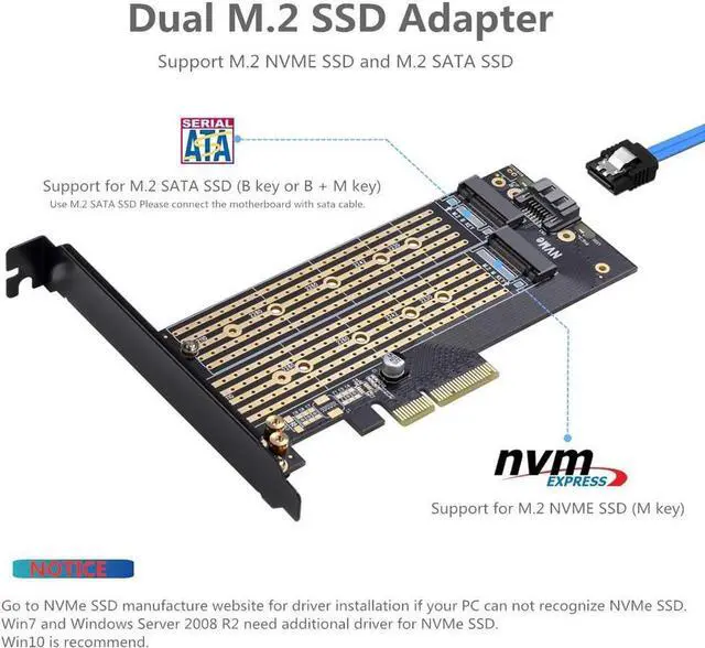 Alt view image 3 of 5 - Dual M.2 PCIE Adapter for SATA or PCIE NVMe SSD with Advanced Heat Sink Solution,M.2 SSD NVME (m Key) and SATA (b Key) 22110 2280 2260 2242 2230 to PCI-e x 4 Host Controller Expansion Card