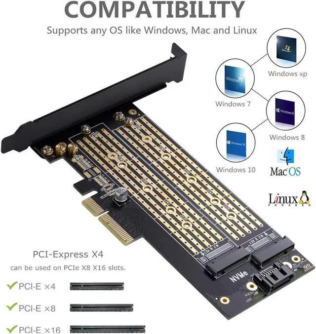 Alt view image 4 of 5 - Dual M.2 PCIE Adapter for SATA or PCIE NVMe SSD with Advanced Heat Sink Solution,M.2 SSD NVME (m Key) and SATA (b Key) 22110 2280 2260 2242 2230 to PCI-e x 4 Host Controller Expansion Card