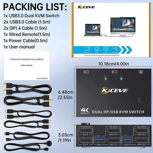 Alt view image 7 of 7 - 8K USB 3.0 Displayport KVM Switch 2 Computers 2 Monitors, 8K @30Hz 4K @144Hz Dual Monitor Displayport 1.4 KVM Switches 2 in 2 Out with 4 USB 3.0 Port for USB Device, Wired Remote and 4 Cables Included
