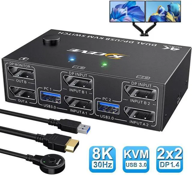 Main image of 8K USB 3.0 Displayport KVM Switch 2 Computers 2 Monitors, 8K @30Hz 4K @144Hz Dual Monitor Displayport 1.4 KVM Switches 2 in 2 Out with 4 USB 3.0 Port for USB Device, Wired Remote and 4 Cables Included