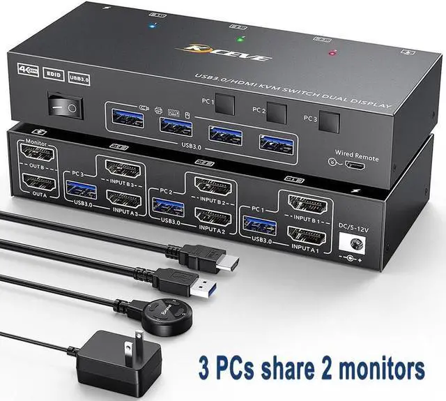 Main image of USB 3.0 HDMI KVM Switch 3 in 2 Out 4K@60Hz, EDID Emulator, Dual Monitor KVM Switch for 3 Computers Share 2 Displays Keyboard Mouse Printer, Wired Remote and Cables included