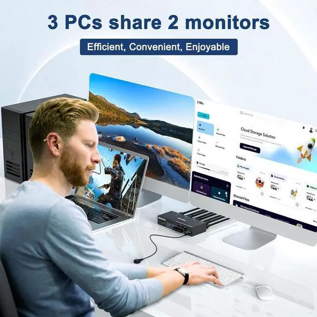 Alt view image 2 of 7 - USB 3.0 HDMI KVM Switch 3 in 2 Out 4K@60Hz, EDID Emulator, Dual Monitor KVM Switch for 3 Computers Share 2 Displays Keyboard Mouse Printer, Wired Remote and Cables included